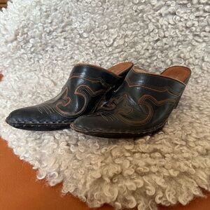 Black Leather Western Mules